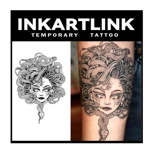 INKARTLINK Tattoo Tech, 2 Sheets Extra-Large Semi Permanent Tattoo, Adult Art Design Temporary Tattoos, Lasts 1-2 Weeks, Waterproof, Realistic Look, No Adhesive, No Reflection (Medusa Design)