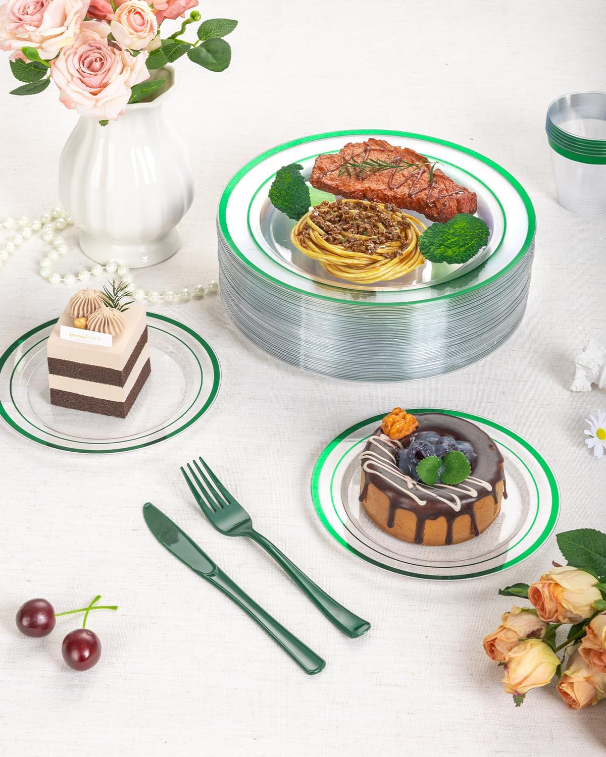 Goodluck 175 Piece Green Plastic Plates, Clear Plastic Silverware Disposable Plates Set, Include 50Plates, 25Pack Pre Rolled Napkins with Silverware, 25Cups for Party, Wedding, Graduation