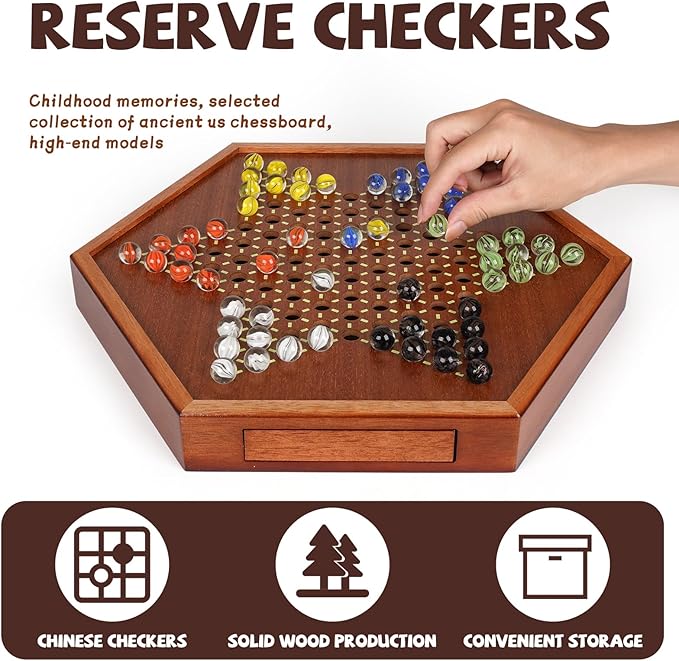 15-Inch Wooden Chinese Checkers Board Game Set – Classic Strategy Game with 72 Glass Marbles, Dual-Sided Storage Drawer, Family Board Games for Adults, Educational Travel and Indoor Game