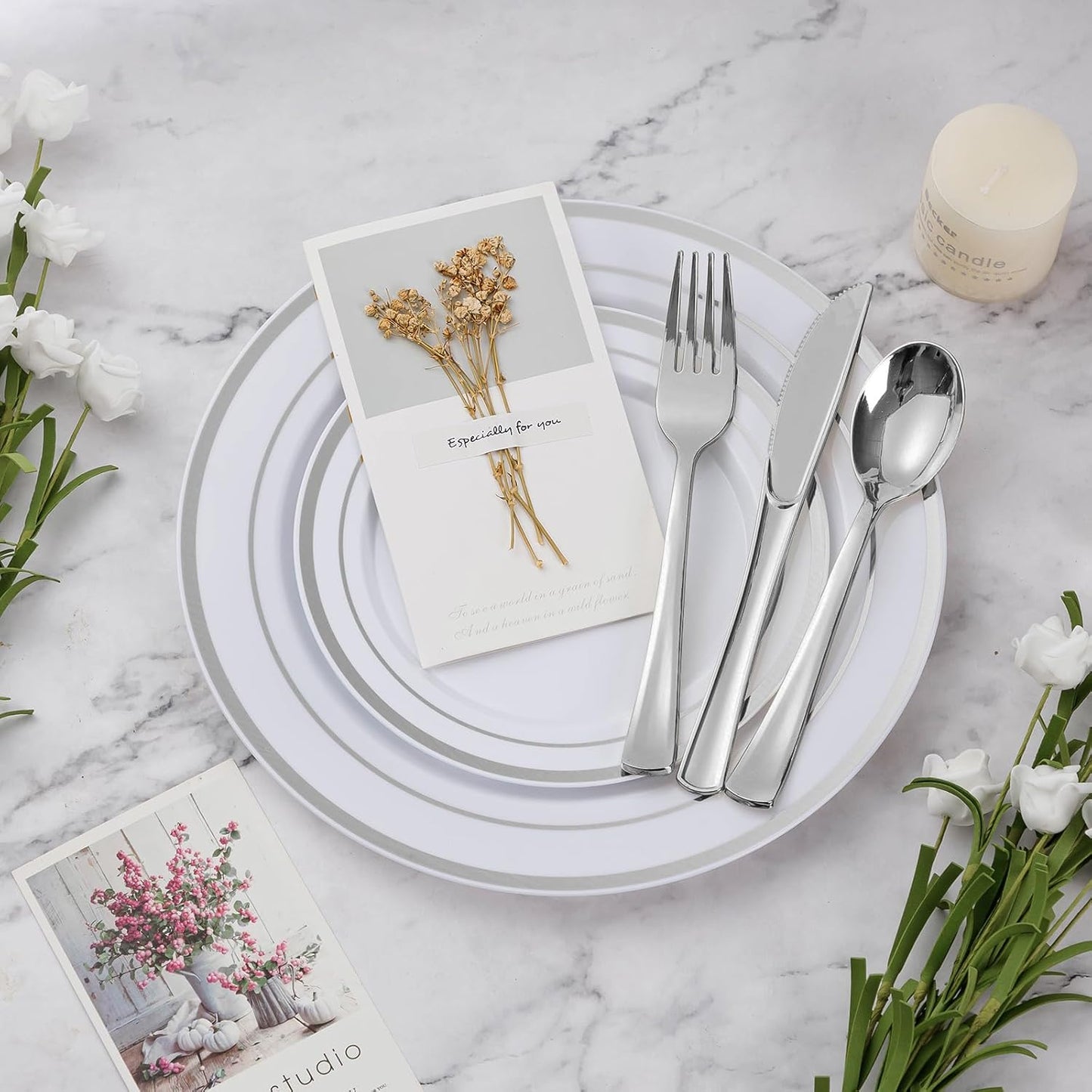 BESTVIP 450PCS Plastic Dinnerware Set (75 Guests), Silver Disposable Plates for Party, Wedding, Christmas, Anniversary, Includes: Dinner Plates, Dessert Plates, Cups, Spoons, Forks and Knives
