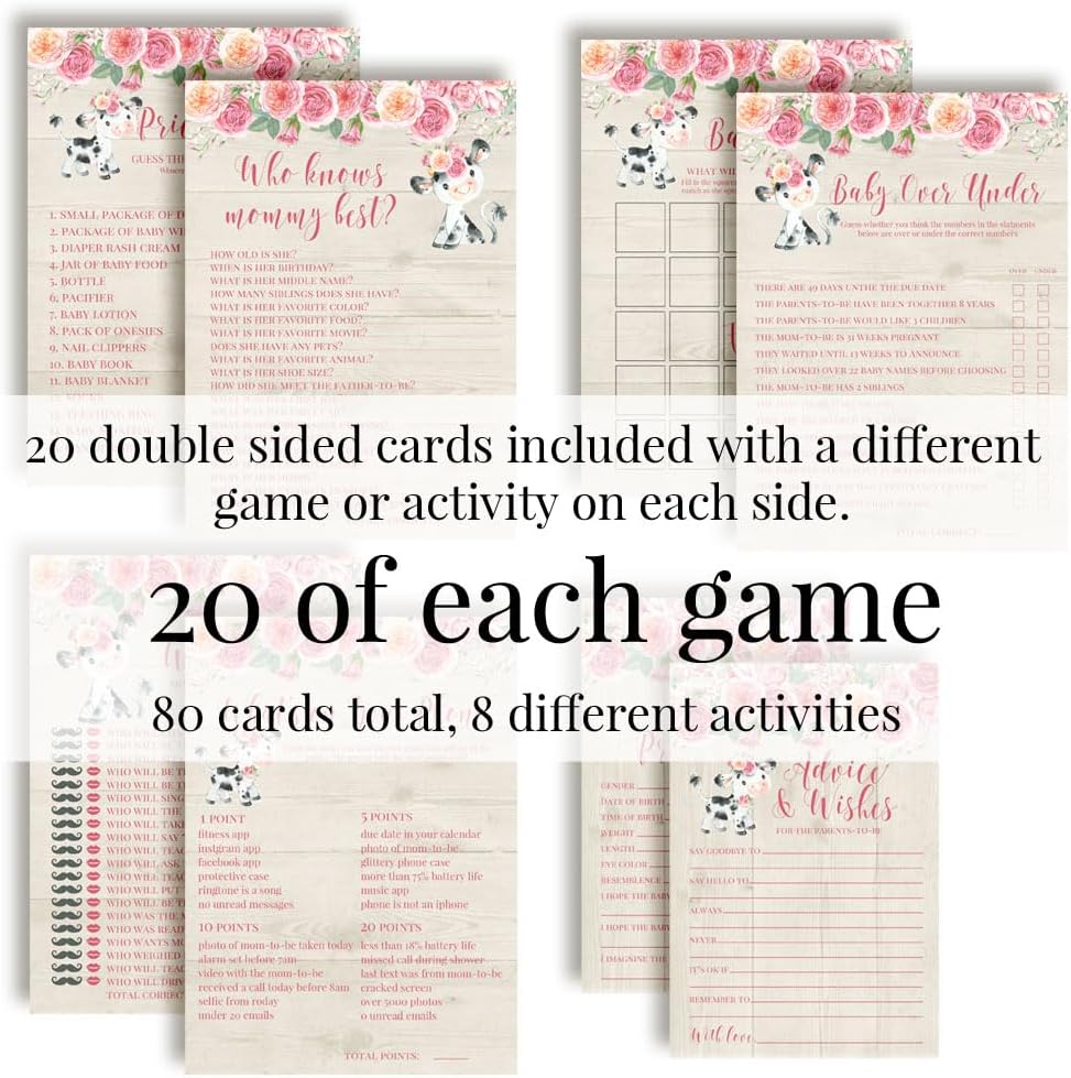 Amanda Creation Baby Shower Games 8 Game Set Watercolor Pink Cow 80 Double-Sided Cards for 20 Guests. Baby Shower Bingo, Baby Predictions & Activities for Guests. Farm & Barn Theme for Girls
