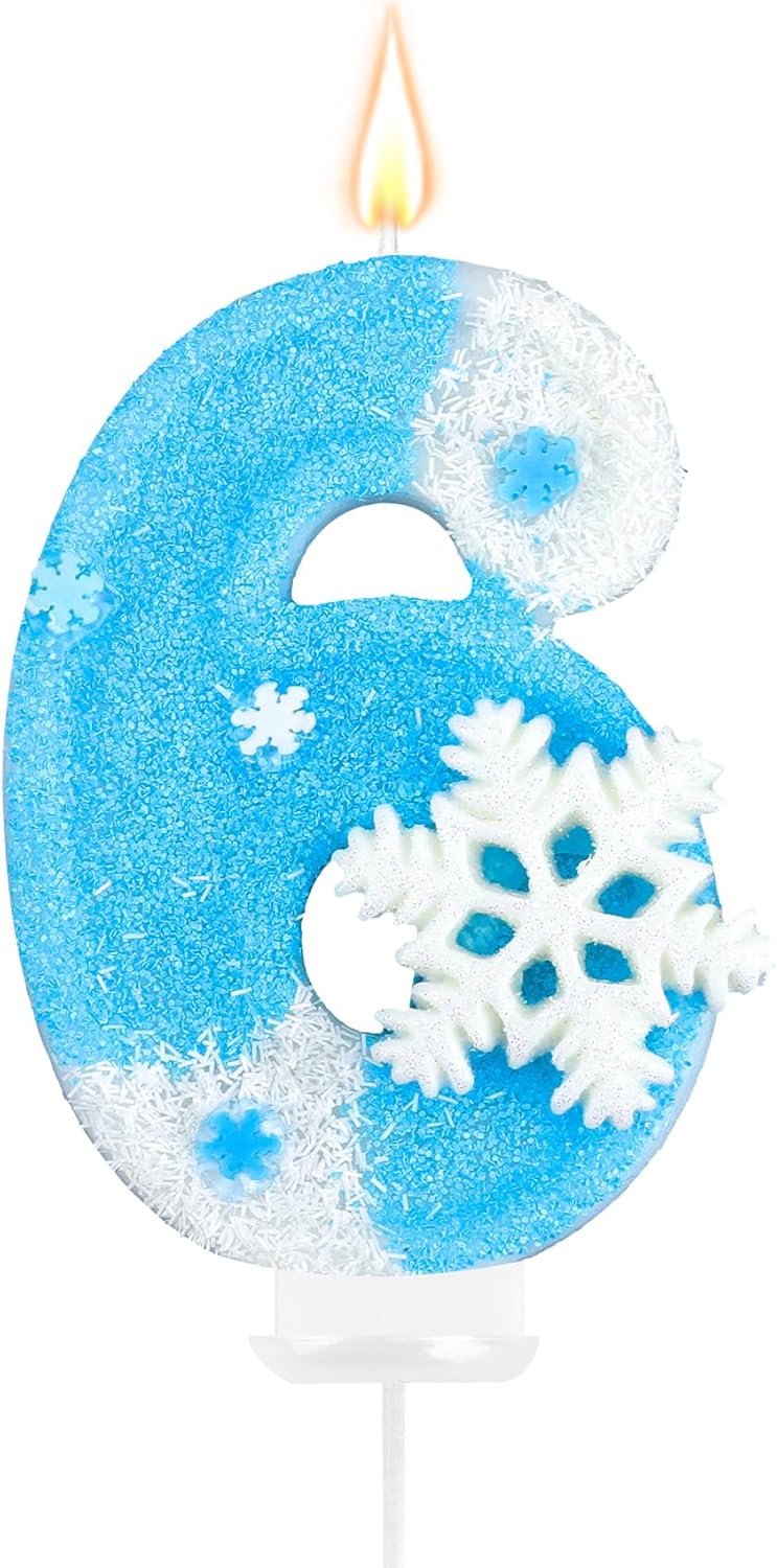 Frozen Birthday Party Decorations, Number 6 Birthday Candle, Frozen Birthday Party Favors, Happy Birthday Candle for Cake, Blue Snowflake Cake Topper Decoration for 6th 6 Year Old Party Favor Supplies