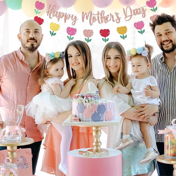 Happy Mother's Day Banner Set Decoration for Mother's Day Party Decorations Backdrop Garland for Mom Mother's Day Glitter Garland Photo Props (Rose Gold Tulip)