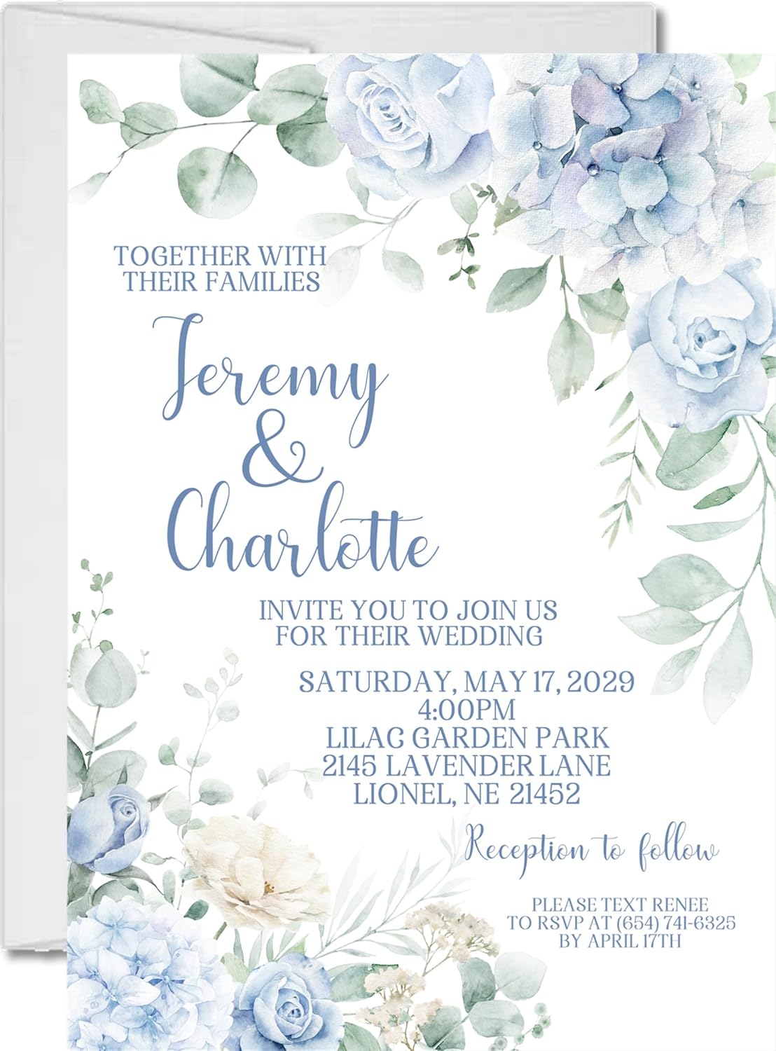 Blue Hydrangea Wedding Invitations, Garden Floral, Personalized, Set of 12 Invitations with Envelopes