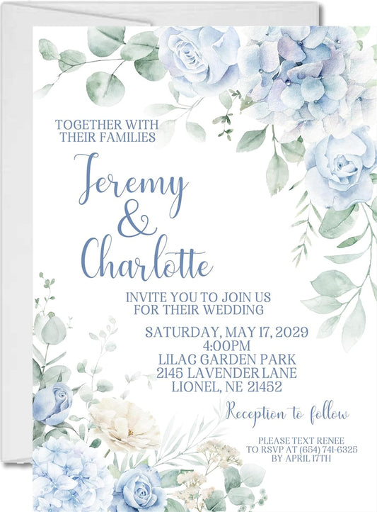 Blue Hydrangea Wedding Invitations, Garden Floral, Personalized, Set of 12 Invitations with Envelopes