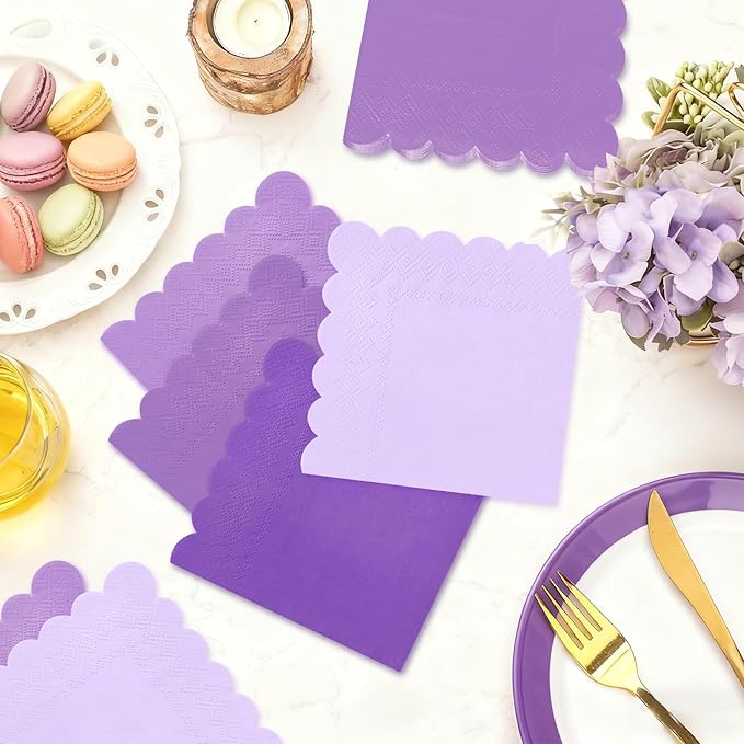 120PCS Gradient Purple Cocktail Party Napkins, Purple Scalloped Beverage Dessert Paper Napkin for Birthday Wedding