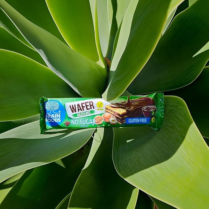 BRAIN FOODS Gluten Free Vegan Chocolate Coated Hazelnut Wafers - 12 Bars, No Sugar Added, High Fiber, No Palm Oil, 1.4 oz, 170 Calories, Guilt Free Snack, Natural Hazelnut Flavor
