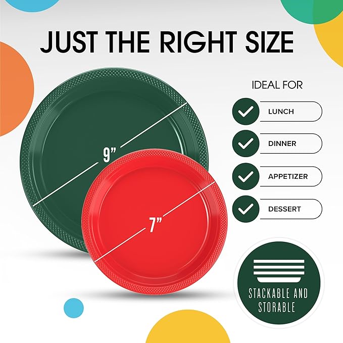 Party Solids Green & Red Plastic Plates For Party Supplies, Green & Red Disposable Plates 100 Pieces - 50-7" & 50-9" Heavy Duty 350 GSM Disposable Dinnerware Sets, Plastic Dinnerware Sets