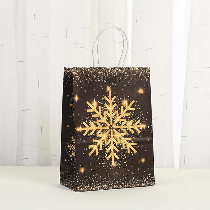 piqiya 24pcs Black Gold Christmas Gift bags with Handles,Christmas Party Favors Bags,Paper Xmas Elk Snowflake Candy Treat Bags,8.2×5.9×3.1inch(6 designs)