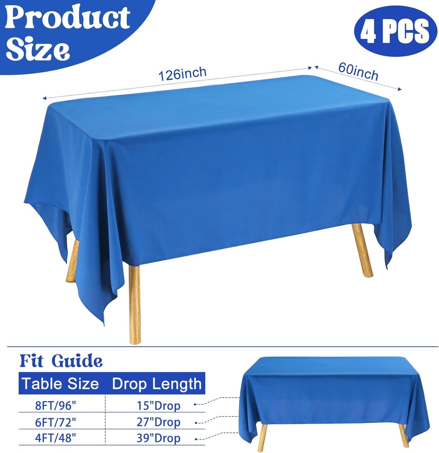 4 Pack Rectangle Tablecloth 60x126 Inch Blue Washable Polyester Table Cover for Wedding Dining Table Buffet Parties Banquet Decoration（Blue）