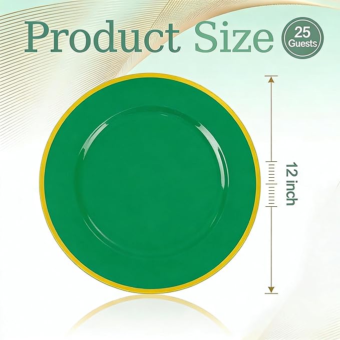 WDF 25PCS Green Plastic Charger Plates - 12inch Green and Gold Chargers for Dinner - Disposable Charge Plates - Perfect for Party Elegant Tabletop Decor St. Patrick's Day Easter