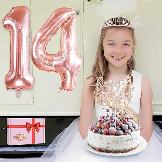 14th Birthday Decorations for Girls with 14th Birthday Sash and Tiara, Cake Topper and Candles, Number Balloons, Greeting Card, 14 Year Old Gifts for Girls