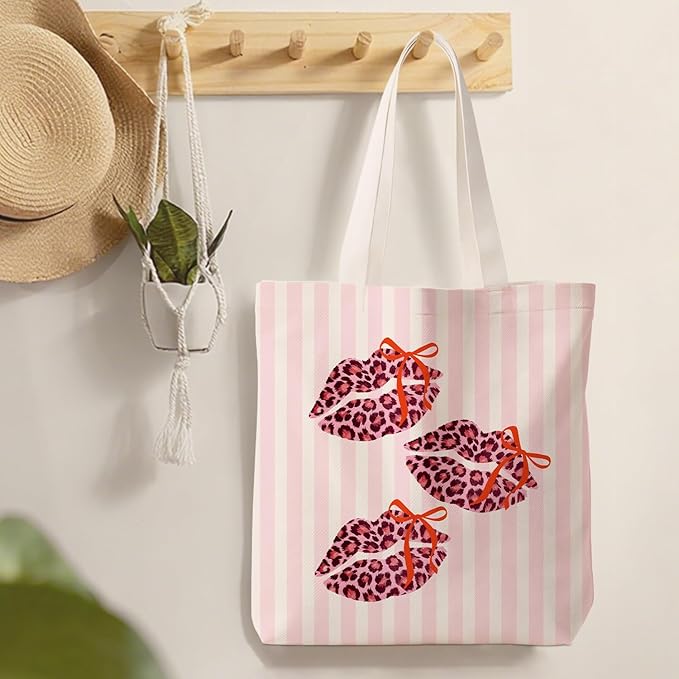 Coquette Bow Pink Leopard Lip Tote Bag for Women,Trendy Cheetah Print Canvas Tote Bag for Girls,Girly Leopard Lip Print Aesthetic Reusable Shopping Grocery Bags Party Favors