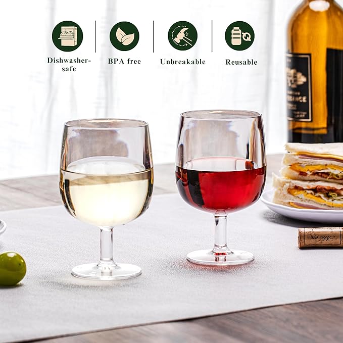 12oz Clear Stemmed Wines Cups (Set of 6), Shatter-Proof Acrylic Bar Glasses, BPA-Free, Dishwasher-Safe