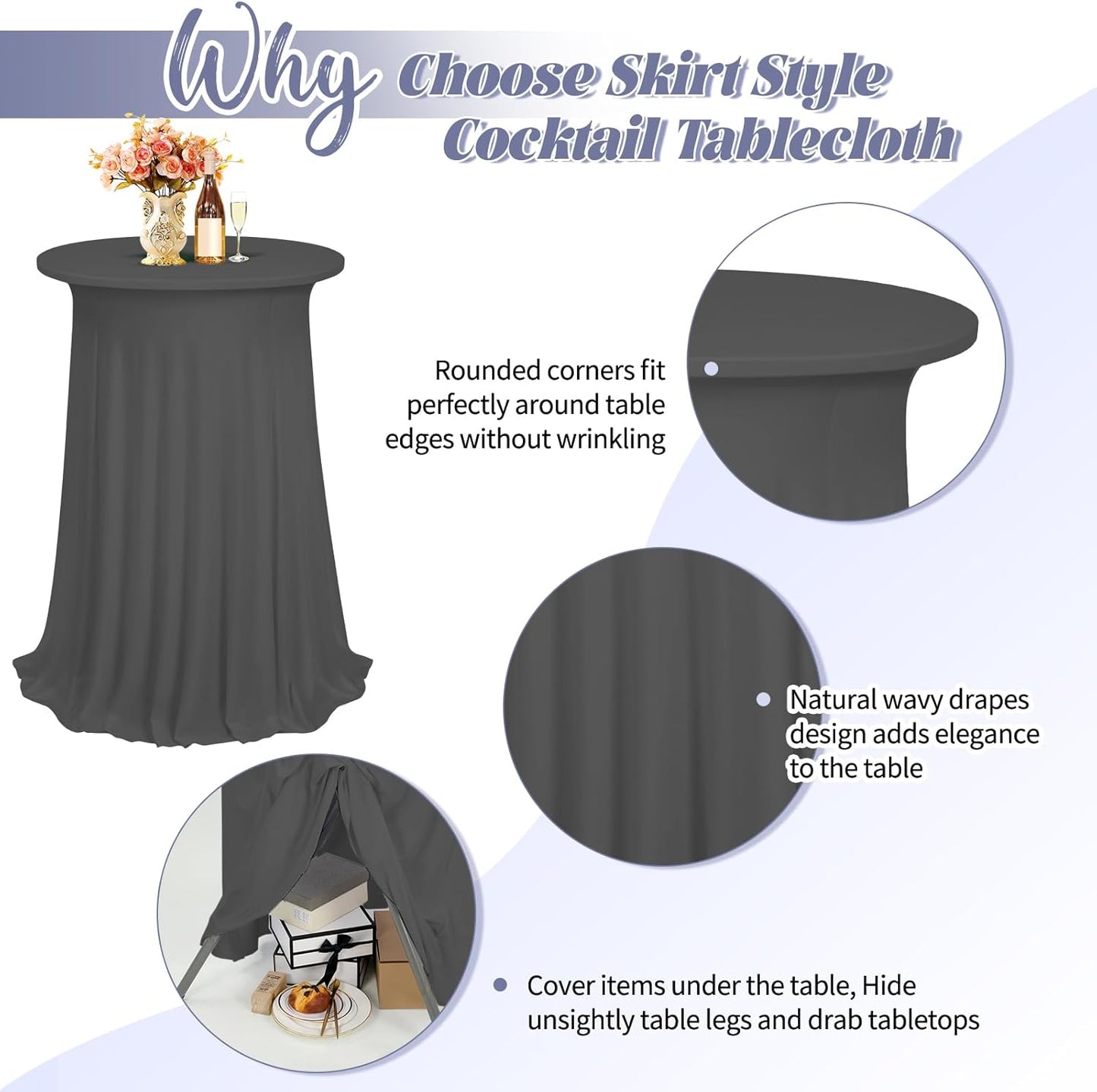 3 Pack Round Bar Table Cloths, Grey Spandex Table Covers 32"x 43", High Top with Wavy Drapes for Party Wedding Banquet