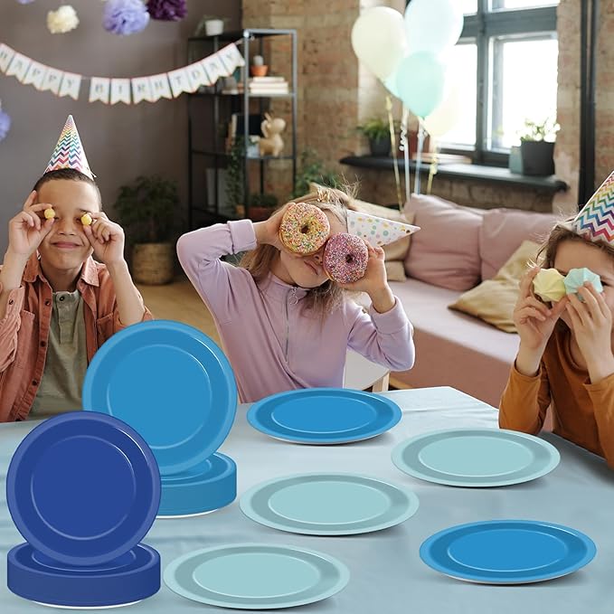 100Pcs Gradient Blue Paper Plates 9 Inch - Disposable Round Dessert Plates for Ocean Party, Winter Table Decor - Birthday, Wedding, Baby Shower Tableware