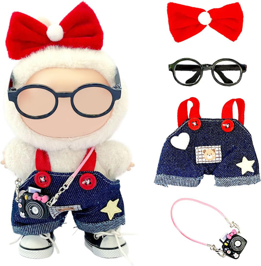 Overalls Doll Clothes,17cm/15cm Dolls Outfit Set,Stylish Clothes Set Dress Up (No Doll) (Blue Overalls Suit+Bow)