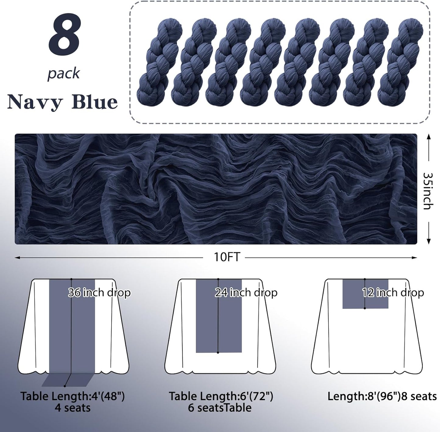 8Pack Navy Blue Table Runner 10FT Cheesecloth Table Runner 35x120Inch Long Boho Cheese Cloth Table Runners Rustic Gauze Table Runners for Party Wedding Bridal Shower Baby Shower Decorations