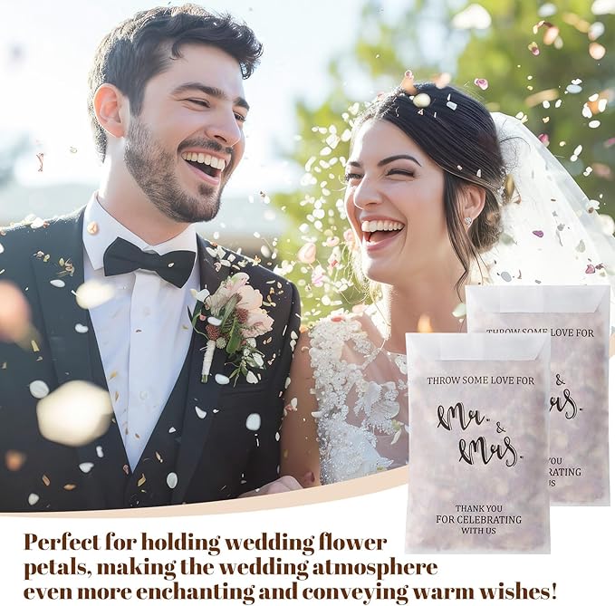100 Pcs Wedding Confetti Bags, 2.8" x 5" Throw Flower Petal Packets Semi-transparent Glassine Waxed Paper Treat Bags for Wedding Toss, Party Decor(Mr. & Ms.)