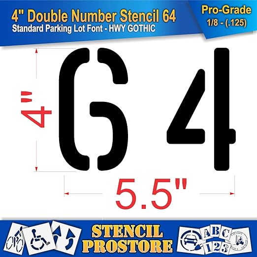 Pavement, Curb, and WheelStop Stencils - 4 inch Double Number Stencil - (64) - 4" x 5.5" x 1/8" (128 mil) - Pro-Grade