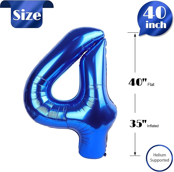 Metallic Blue Number 4 Balloon 40 Inch, 4th Birthday Party Decorations for Children, Giant 4 Foil Balloon for Party Supplies