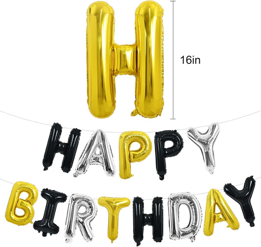 TONIFUL Happy Birthday Balloons Banner 16 Inch Mylar Foil Letters Birthday Sign Reusable for Girls Boys Kids & Adults Birthday Party Decorations Supplies（Black Silver Gold）