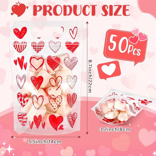 Blosssound 50 Pcs Valentine's Day Gift Bags Red Valentines Zipper Plastic Bags Reusable Red Heart Pouch with Handles Galentines Day Pouch for Classroom Wedding Birthday Party Favor