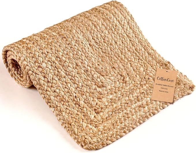 Natural Jute Braided Table Runner 36 inches Long - 13x36 Farmhouse Jute Burlap Braided Table Runners - 100% Jute Handcrafted Rustic Vintage Dining Table Runner Natural