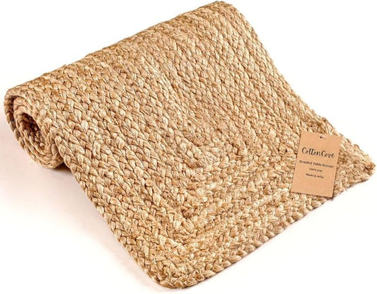 Natural Jute Braided Table Runner 36 inches Long - 13x36 Farmhouse Jute Burlap Braided Table Runners - 100% Jute Handcrafted Rustic Vintage Dining Table Runner Natural