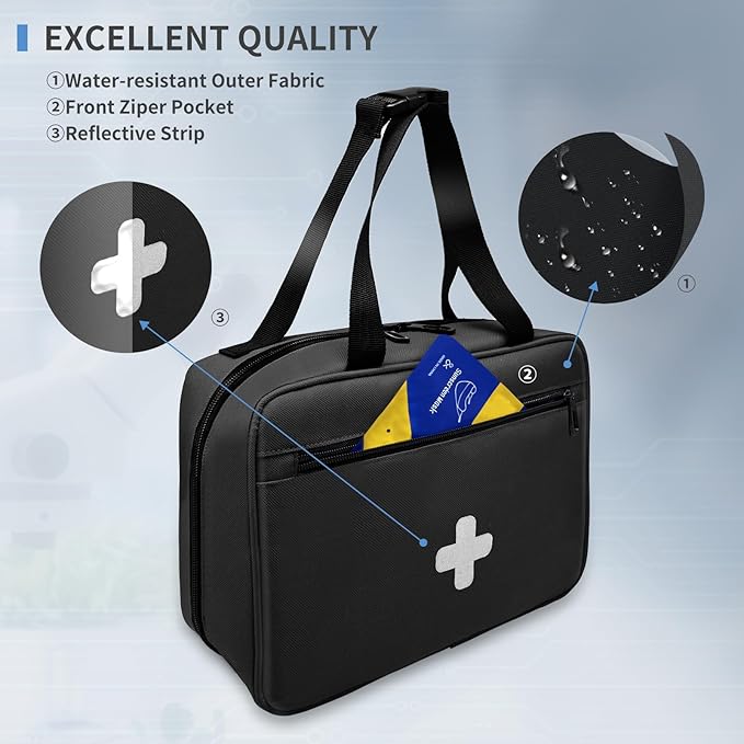 First Aid Bag Empty, Compact and Portable Medical Supplies Organizer with Multiple Compartments, Emergency Trauma Bag for Travel, Camping, Hiking, Car, Travel and Home Use, Black(Bag Only)