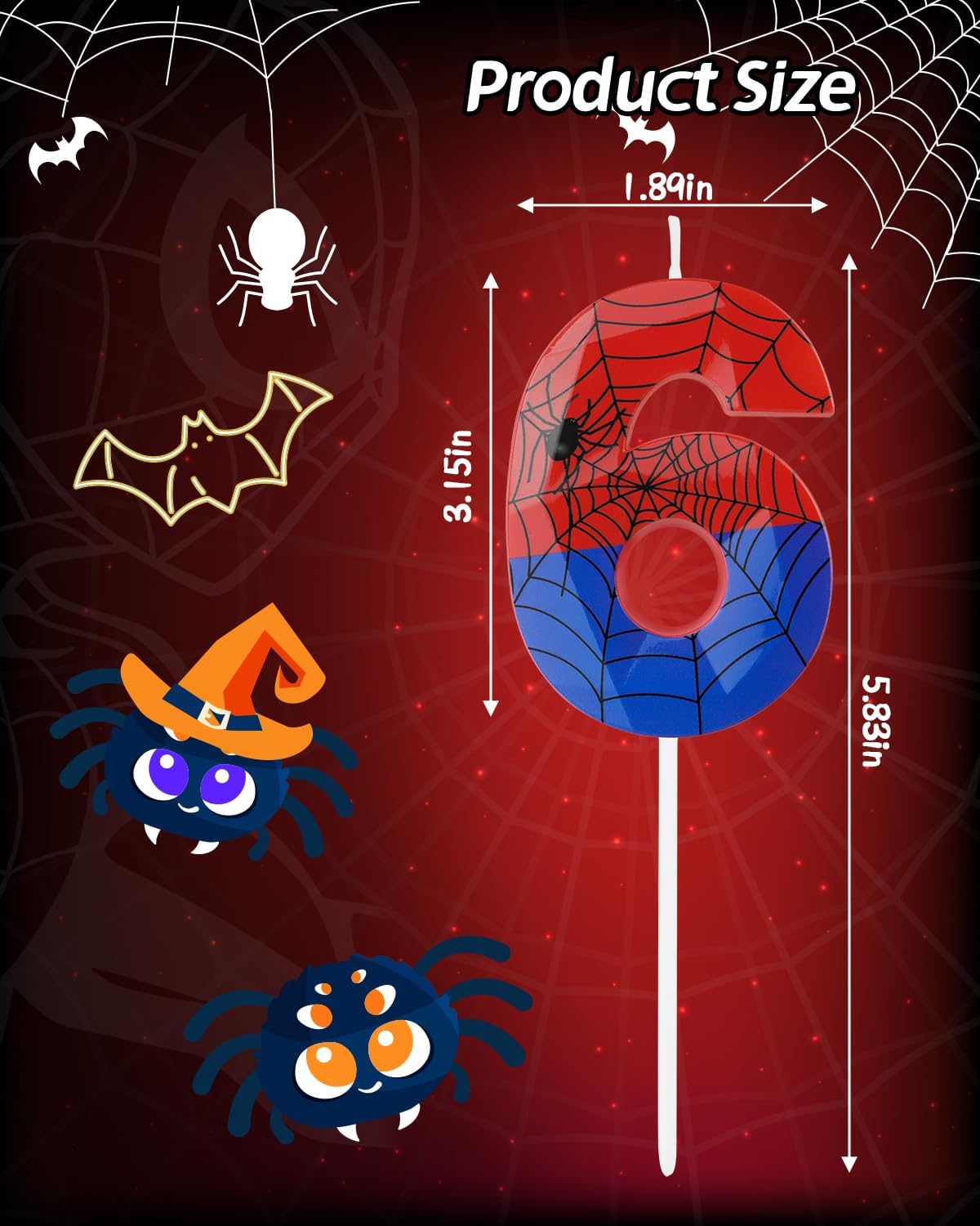 Number 6 Spider Themed Birthday Candle, 2.68 Inch Red Blue Spider Birthday Candles, Number Candles Birthday Cake Toppers Web Candles for Boy Girl Spider Party Decoration Supplies Halloween Party