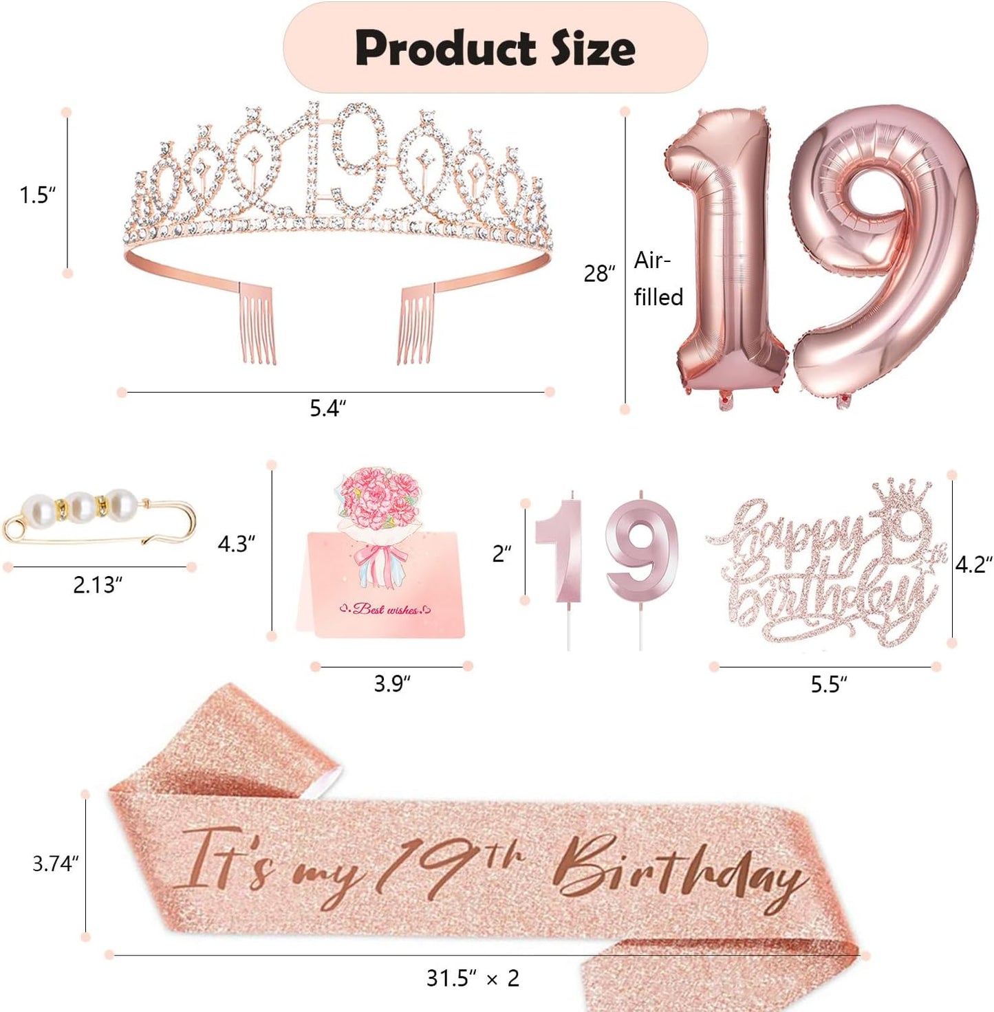 19th Birthday Decorations for Girl, 19th Birthday Sash and Crown, Cake Topper, Number Candles and Balloons, 19 Year Old Gifts for Girls