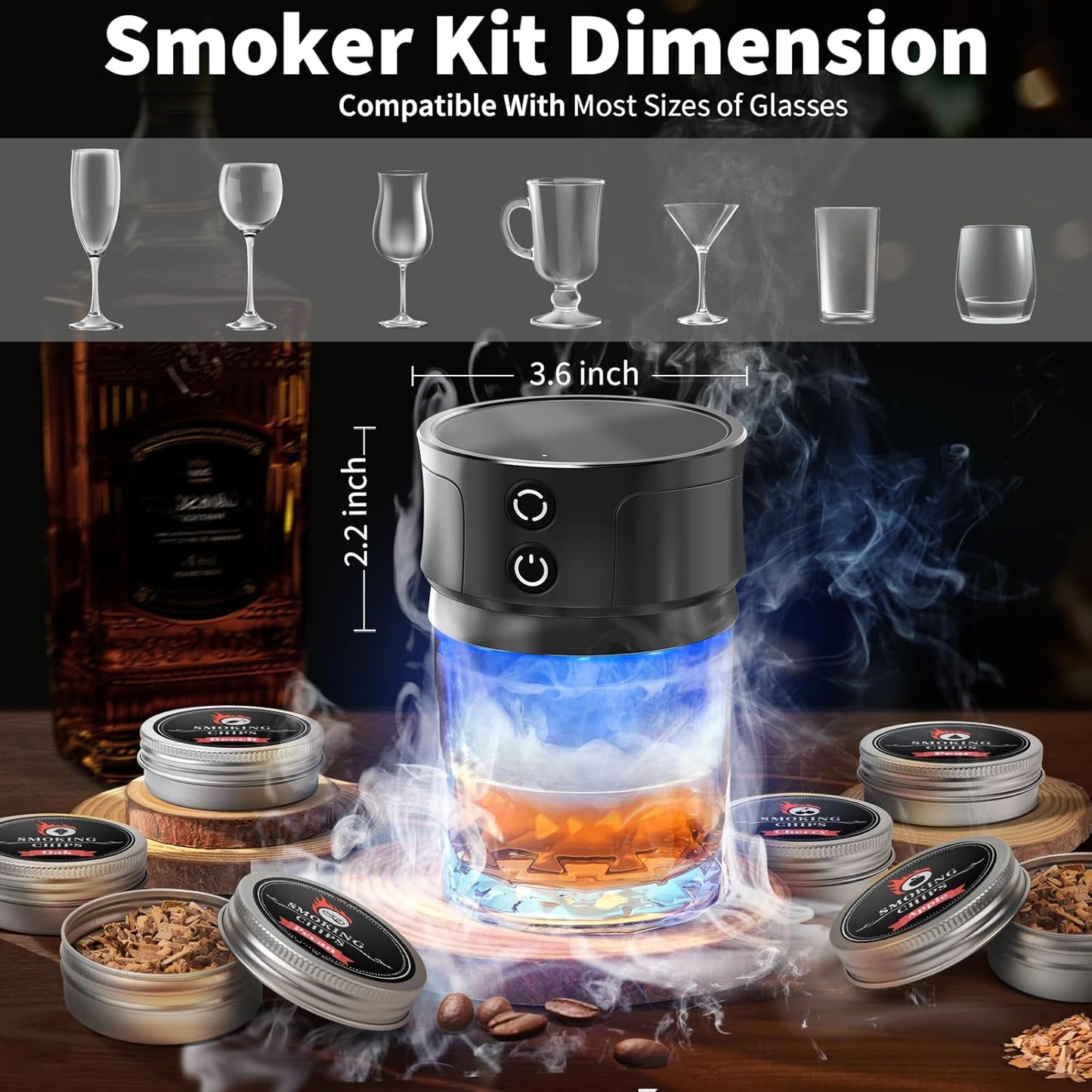 Electric Whiskey Smoker Kit with Lights: Cocktail Infuser with 6 Wood Chips for Whiskey Bourbon Lovers - Old Fashioned Drink Smoker Kits for Drink Mixing Home Bar Party - Christmas Gifts for Dad Men