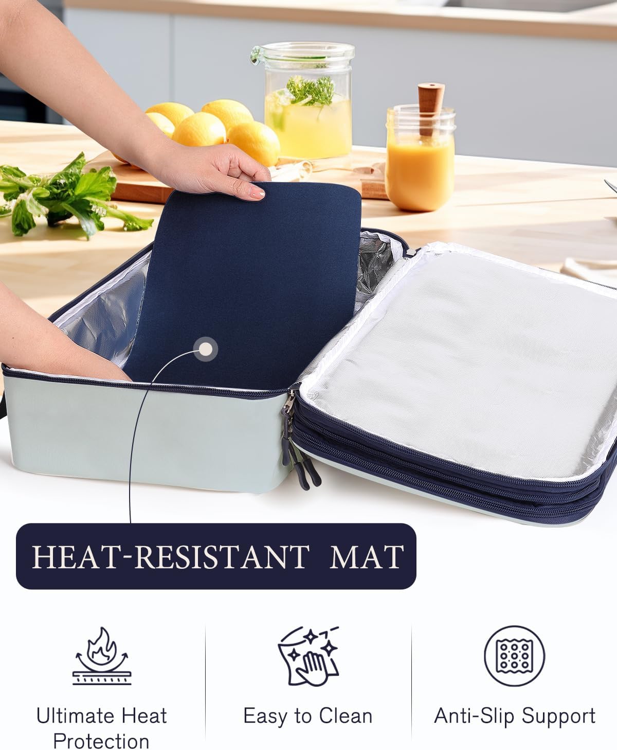 Insulated Casserole Carrier for Hot or Cold Food 9x13 - Double Deck Food Container Bag Warmer with Heat-Resistant Mat for Potluck Parties Picnic Cookouts Fits 9" x 13" Casserole or Baking Dish