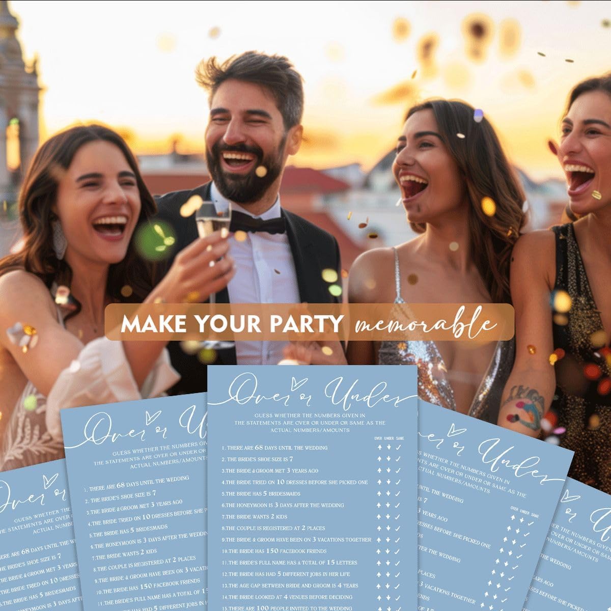 Bridal Shower Games Cards, Guess Over or Under, 25 Guest Cards, Minimalist Blue Wedding Party Supplies