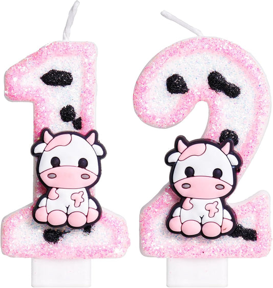 Pink Cow Glitter Birthday Candles Number 12 Birthday Decorations, 12 Year Old Birthday Decorations, Number 12 Candle for Cake, Cowgirl Theme Number Candle for Girls 12th Birthday Party Décor
