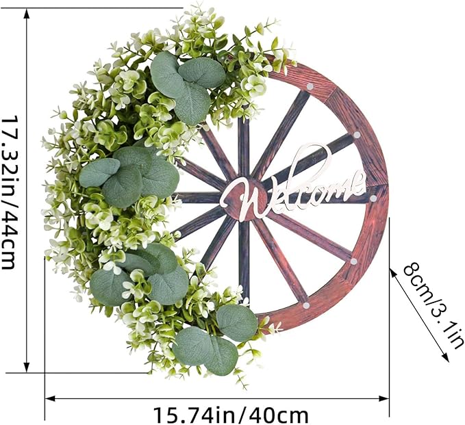 Eucalyptus Leaves Wreath,Wooden Wheel Wreath Artificial Wreath Wheel Garland Door Hanging Spring Summer Green Leaves Wreath with Welcome Sign for Farmhouse Home Indoor Outdoor Decor