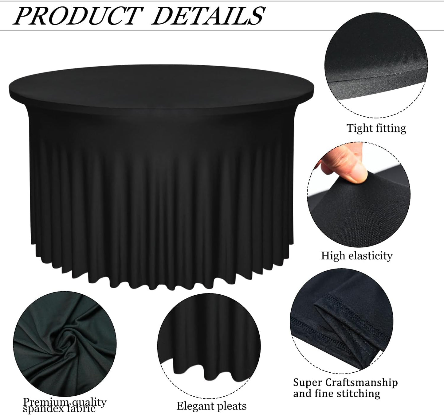 4 Pack Black Round Table Skirt, 48 Inch Diameter x 30 Inch Height, Stretch Polyester Spandex Tablecloth for 4ft Tables, Stain & Wrinkle Resistant for Wedding, Party, Banquet Decor