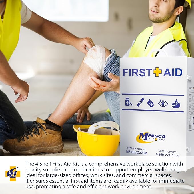 MFASCO 4 Shelf Commercial First Aid Kit, Type I & II, 2021 OSHA Approved,ANSI Z308.1-2021 Compliant, 528 pcs Latex-Free, Wall Mount Cabinet,No Medications,Easy Refilling Instructions, with Tourniquet