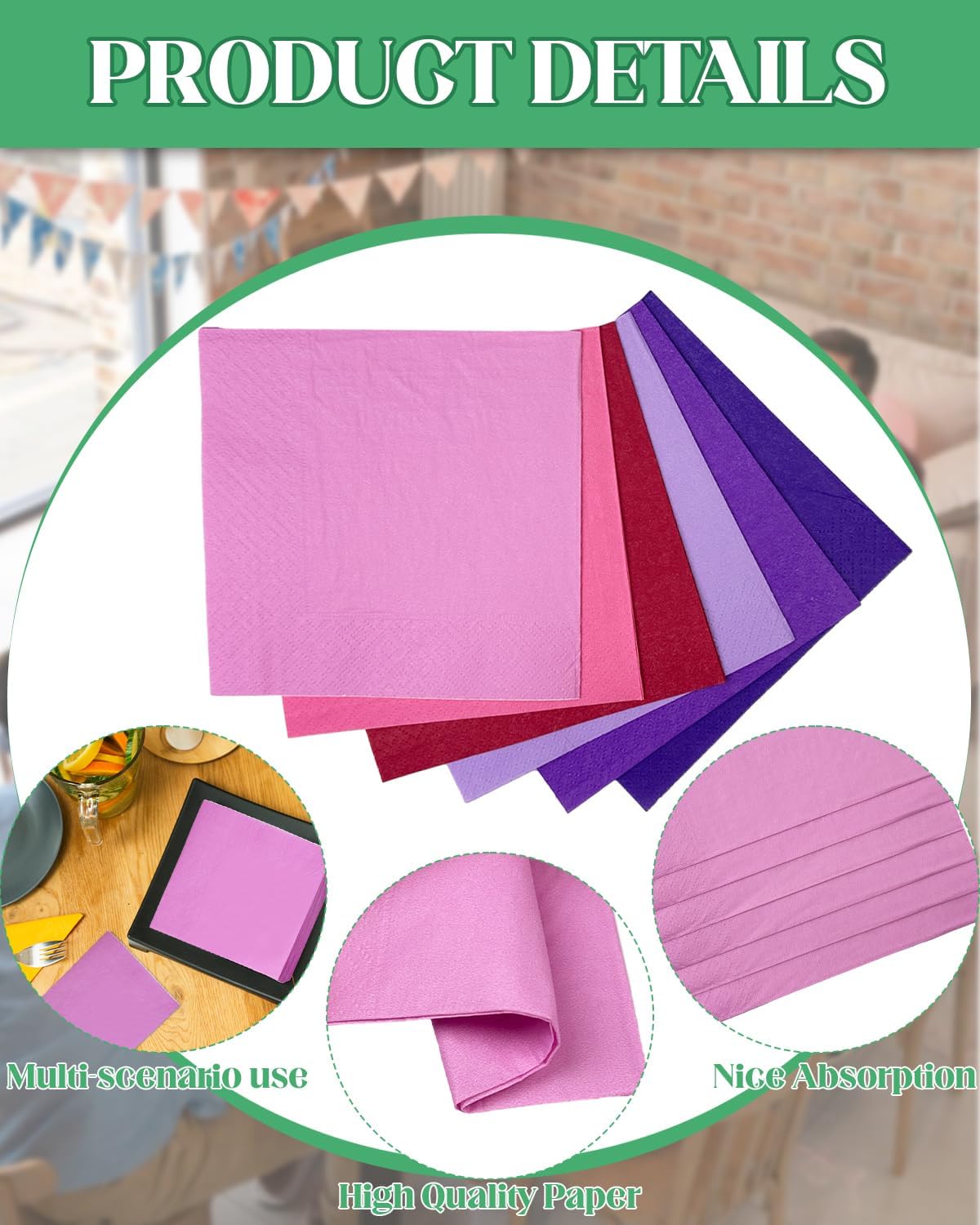 PinkPurple Cocktail Napkins 6 colors 5 * 5inch disposable Beverage Napkin paper for Cocktail, Wedding, Dinner，Brithday Party Dessert Wine Paper Napkins（ 120 Count）
