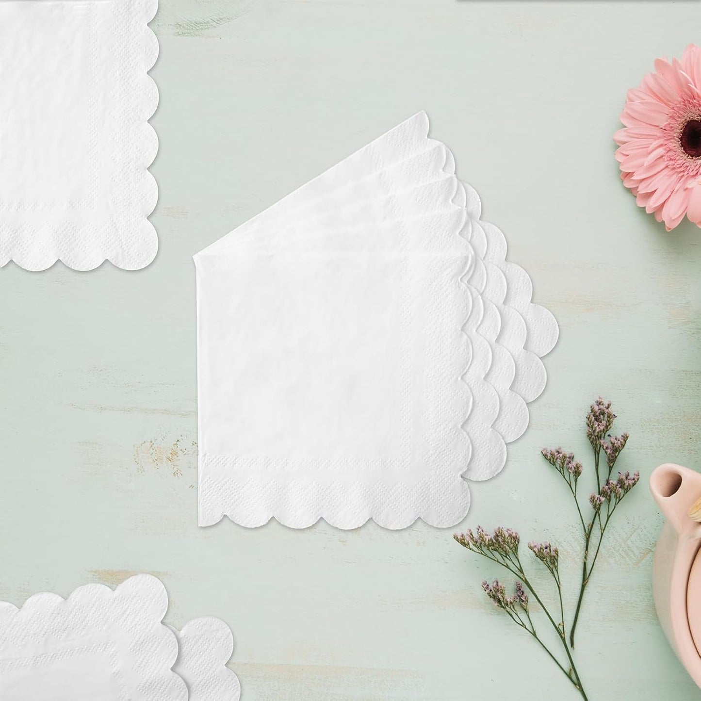100 White Scalloped Cocktail Napkins, 3 Ply 5 x 5 Inch Beverage Napkins Paper Napkins Disposable Luncheon Napkins for Wedding Birthday Party Bridal Anniversary Baby Shower