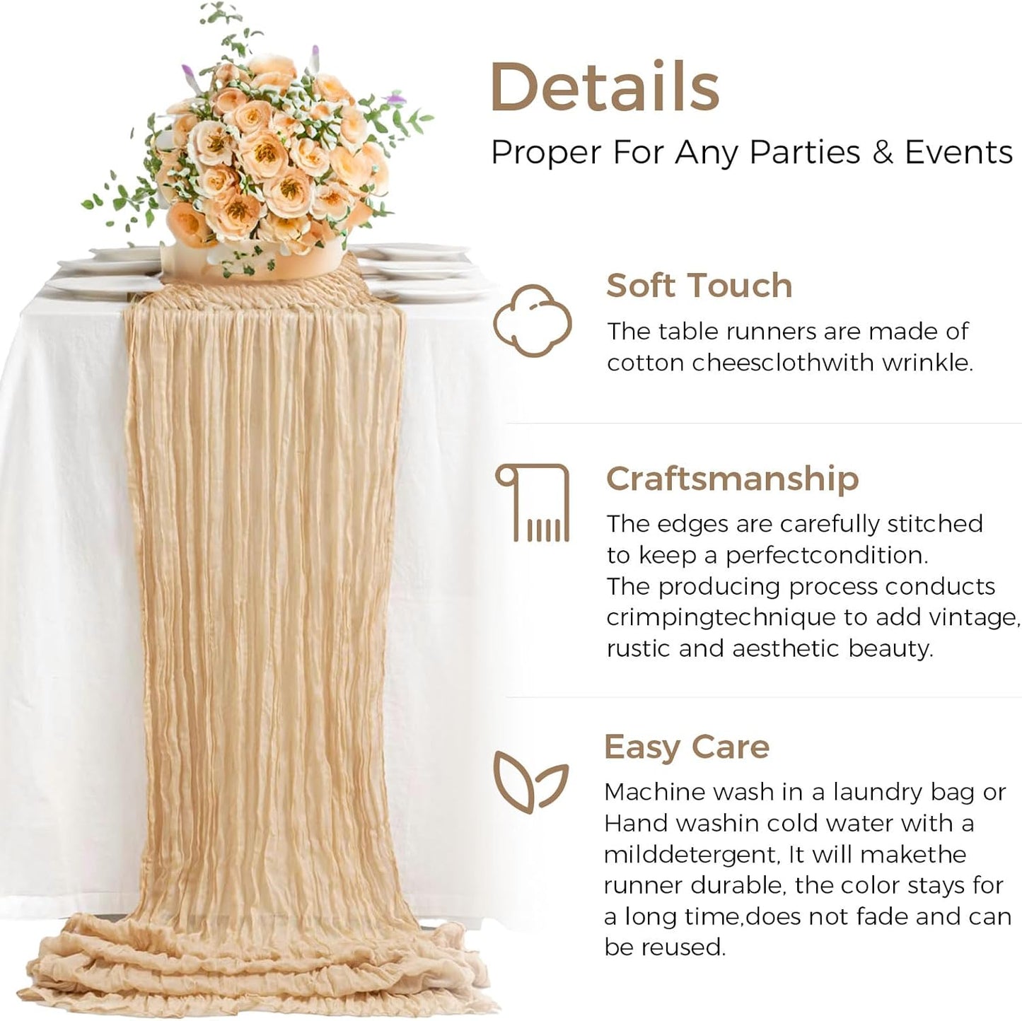 6 Pack Cheesecloth Table Runner 10Ft Boho Gauze Table Runner Cheese Cloth Long Rustic Sheer Table Runner for Wedding Bridal Baby Shower Birthday Party Cake Table Arbor Decorations (Beige)