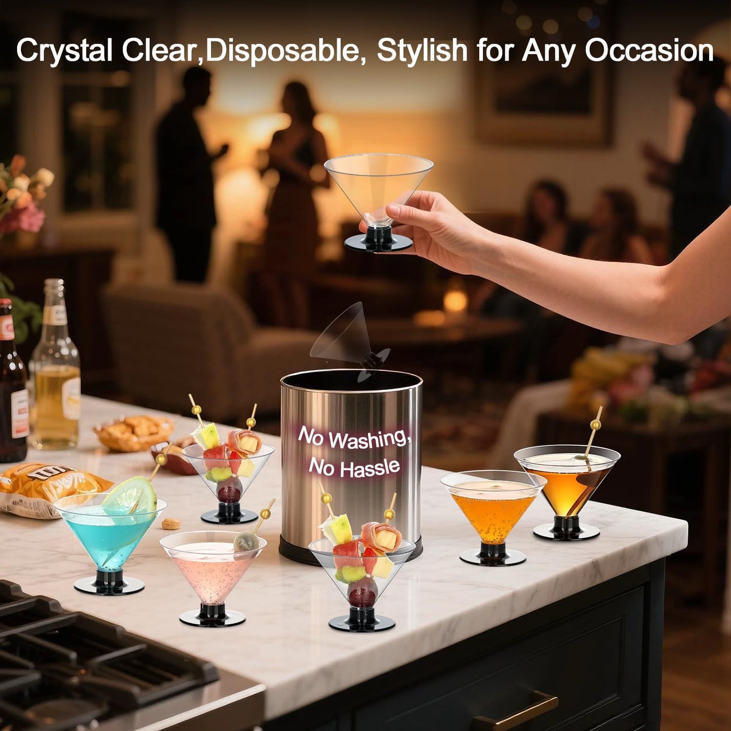 50 Pcs Mini Stemless Martini Glasses Set with 100 Cocktail Picks and 50 Mini Spoons, 5 oz Plastic Martini Glasses Disposable, Clear Martini Cups for Parties, Weddings,Holidays, Catering