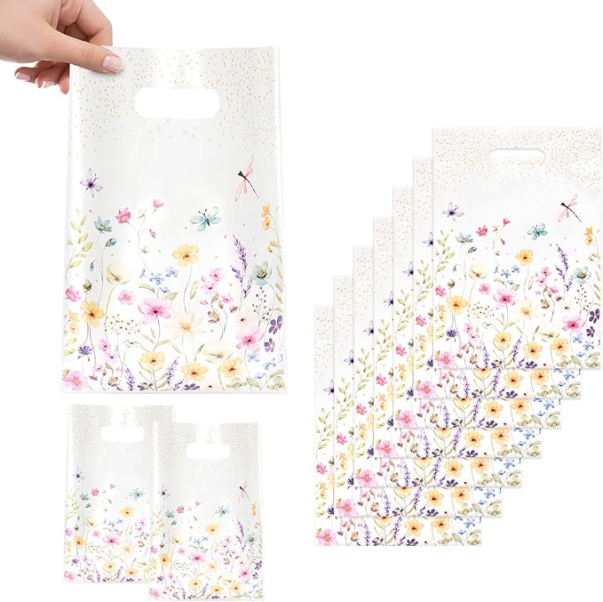 Infankey 50 PCS Wildflower Gift Bags Plastic Spring Floral Goodie Goody Treat Snack Candy Bags for Baby Shower Bridal Shower Birthday Wedding Party