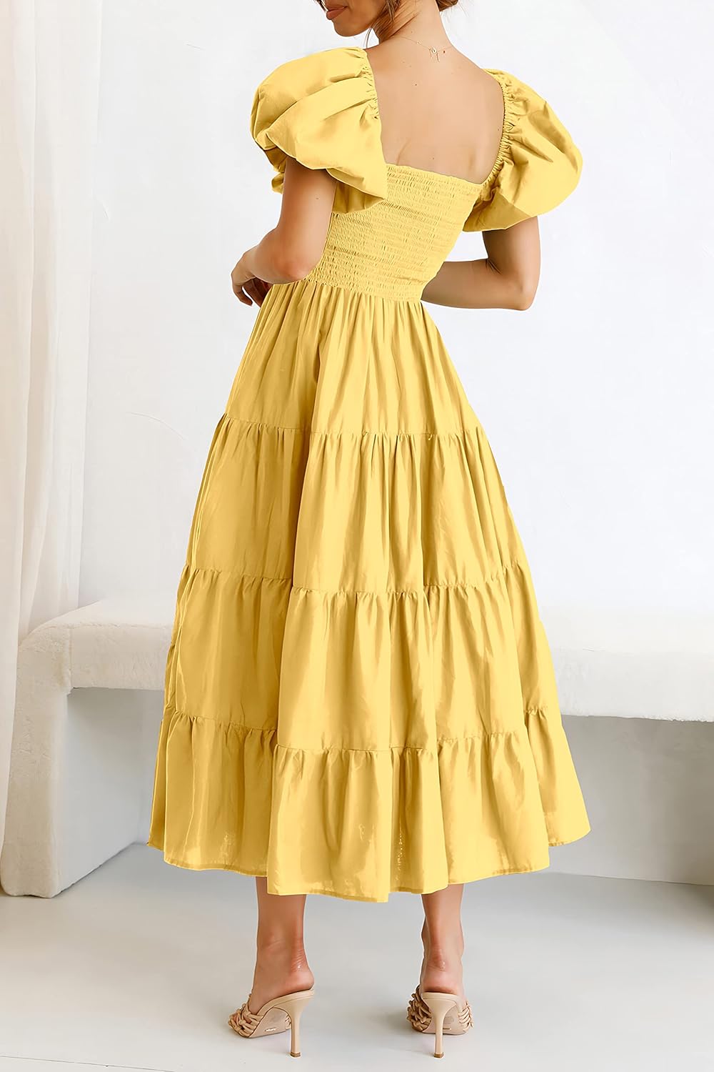 PRETTYGARDEN Women's Casual Summer Midi Dress Puffy Short Sleeve Square Neck Smocked Tiered Ruffle Dresses