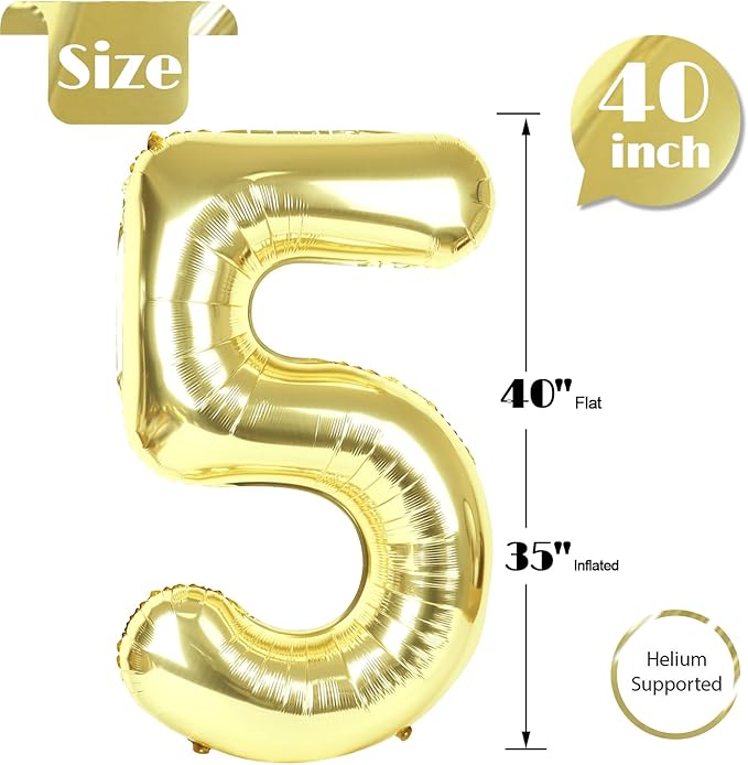 Light Gold Number 5 Balloon 40 Inch, 5th Birthday Party Decorations for Children, Giant 5 Foil Balloon for Party Supplies