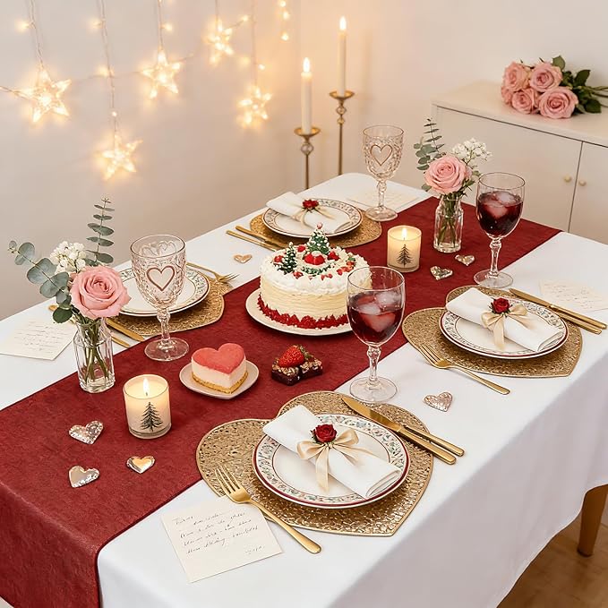 Burgundy Valentines Day Decor Table Runner Burlap Table Cloth 2 Packs Farmhouse Natural Burlap Table Runners Jute for Bridal Shower Party Style Living Room Decorations