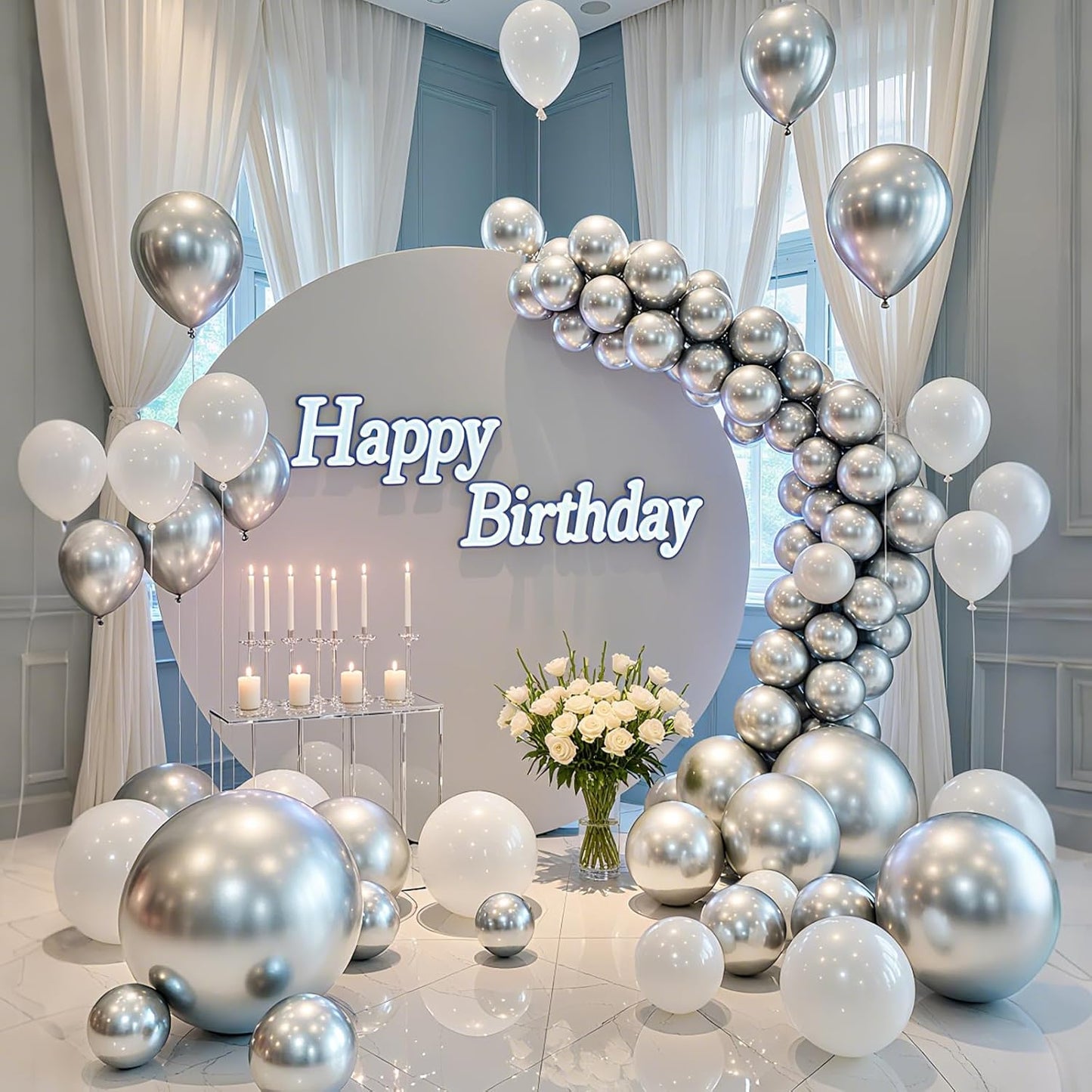 Metallic Silver Balloons 100 Pack 12 Inch Chrome Silver Latex Helium Balloon Garland for Graduation New Year Wedding Birthday Party Decorations