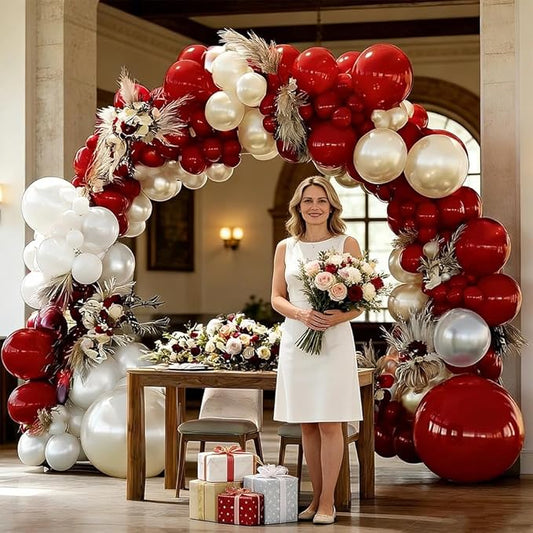 Red White Balloon Garland Double Stuffed Dark Red Pearl White Balloon Arch Kit Burgundy Balloons for Birthday Wedding Bridal Shower Engagement Mother's Day Graduation Party Decor