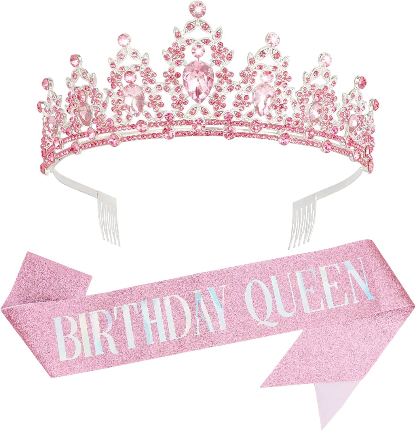 CAVETEE Pink Birthday Crown for Women， Birthday Queen Crown and Sash Pink Party Decorations for Women